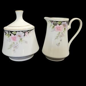 Vintage Floral Porcelain Creamer & Lidded Sugar Bowl Set Gold Trim China